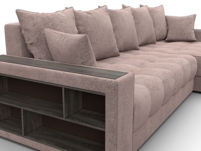 Диван угловой с декором и полкой Лига-050 НПБ, Велюр, TOWER 05 бежевый