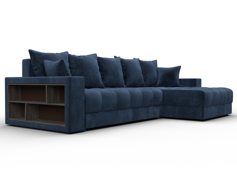 Диван угловой с декором и полкой Лига-050 НПБ, Велюр, TOWER 13 синий