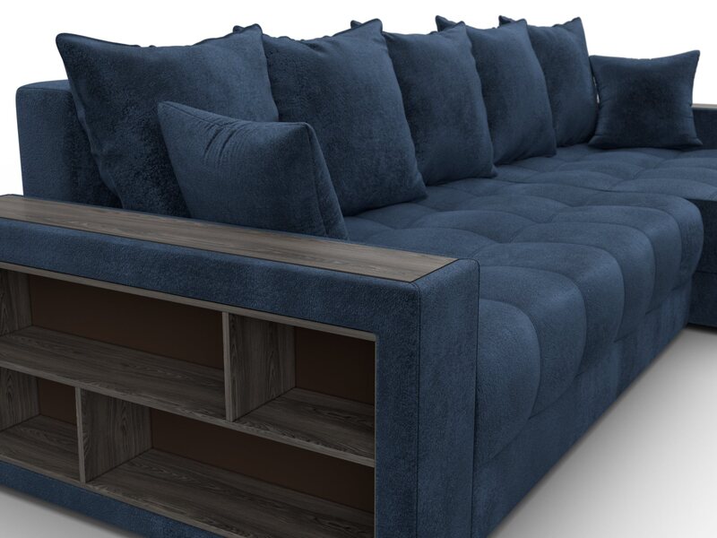Диван угловой с декором и полкой Лига-050 НПБ, Велюр, TOWER 13 синий