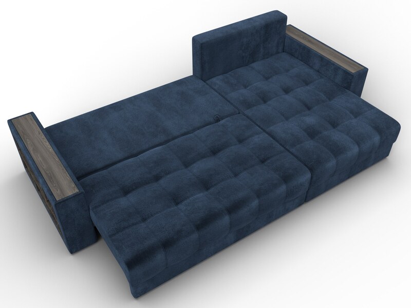 Диван угловой с декором и полкой Лига-050 НПБ, Велюр, TOWER 13 синий