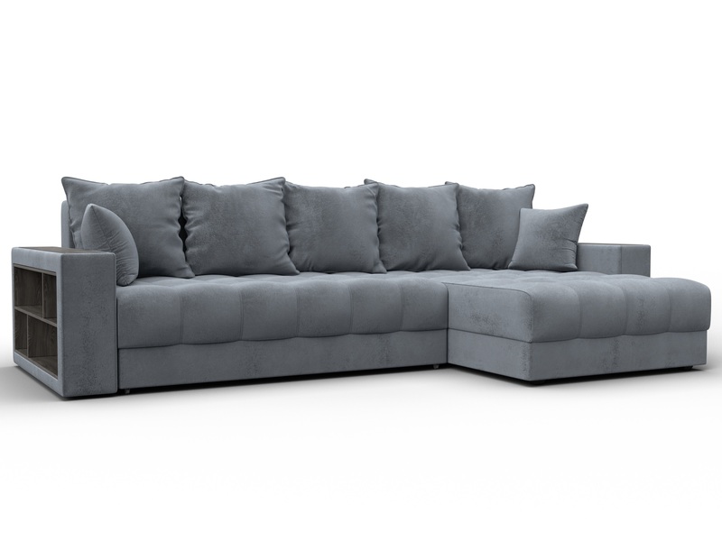 Диван угловой с декором и полкой Лига-050 НПБ, Велюр, TOWER 10 серый