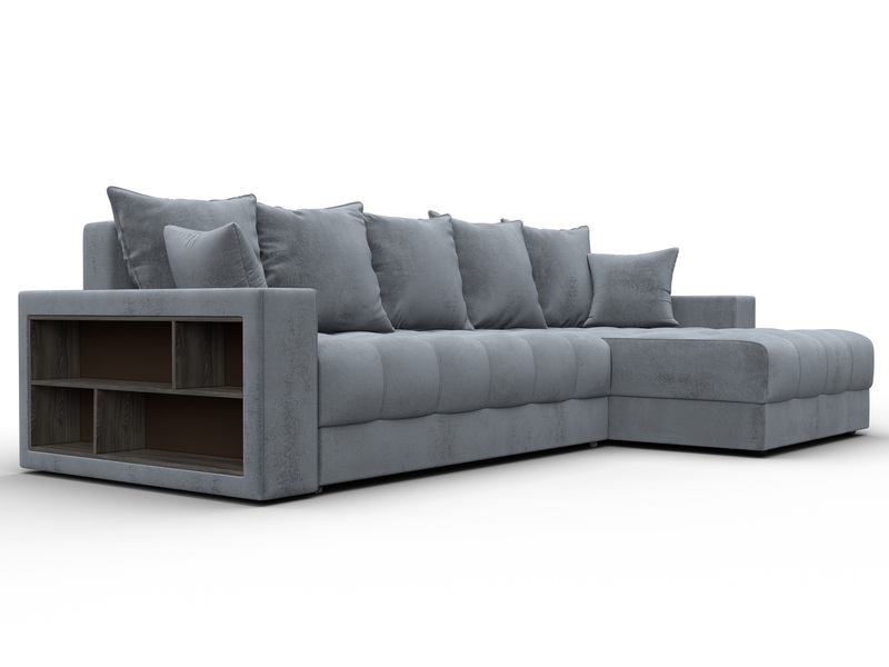 Диван угловой с декором и полкой Лига-050 НПБ, Велюр, TOWER 10 серый