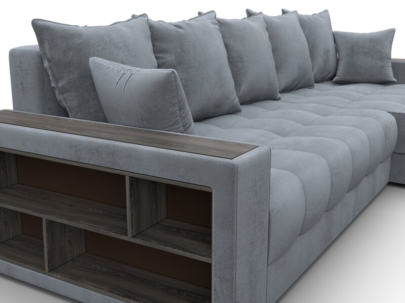 Диван угловой с декором и полкой Лига-050 НПБ, Велюр, TOWER 10 серый