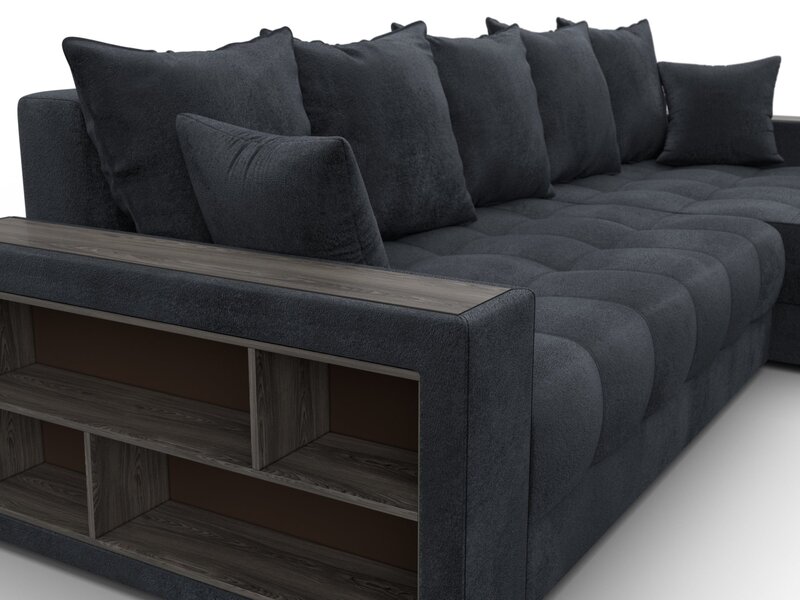 Диван угловой с декором и полкой Лига-050 НПБ, Велюр, TOWER 11 темно-серый