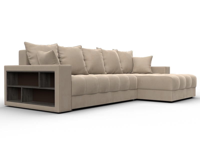 Диван угловой с декором и полкой Лига-050 НПБ, Велюр, SEVEN 729 бежевый
