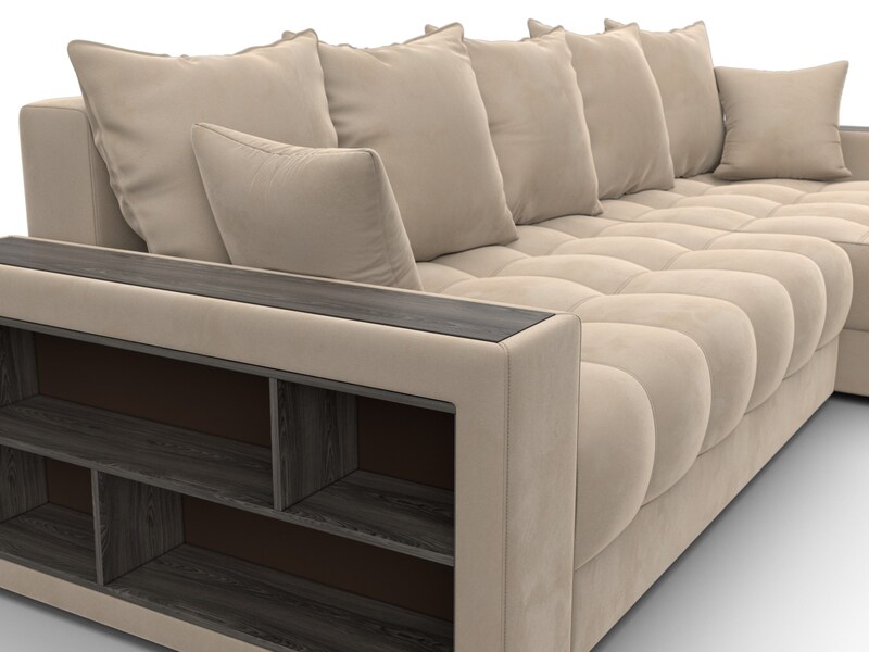 Диван угловой с декором и полкой Лига-050 НПБ, Велюр, SEVEN 729 бежевый
