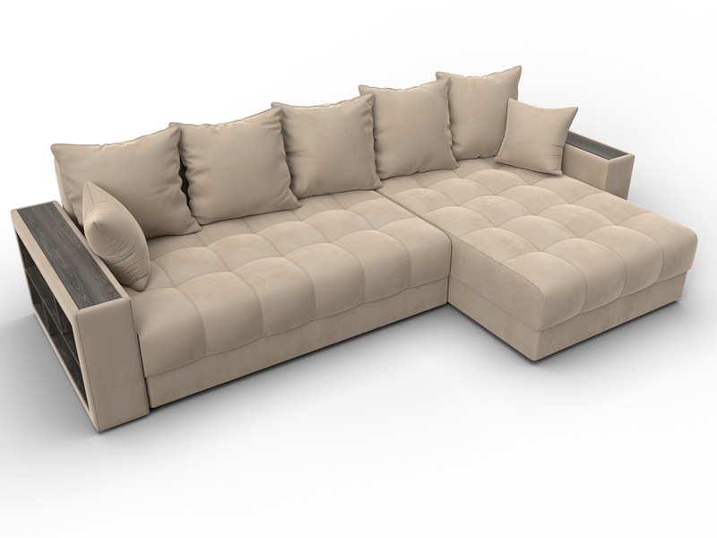 Диван угловой с декором и полкой Лига-050 НПБ, Велюр, SEVEN 729 бежевый