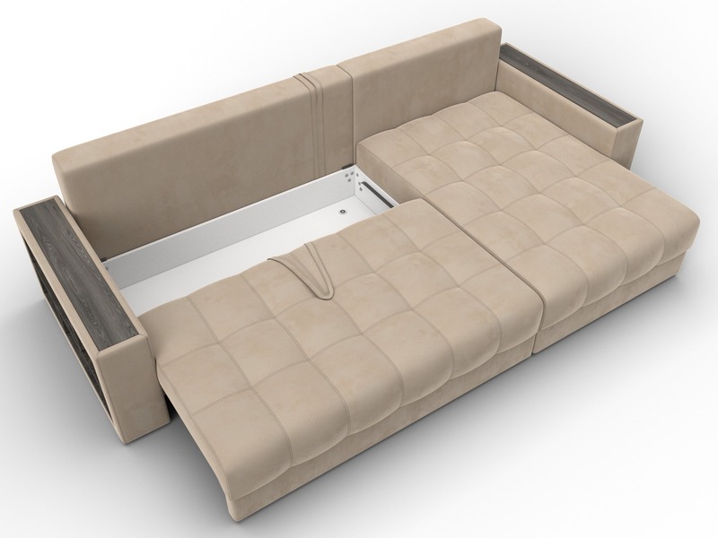 Диван угловой с декором и полкой Лига-050 НПБ, Велюр, SEVEN 729 бежевый