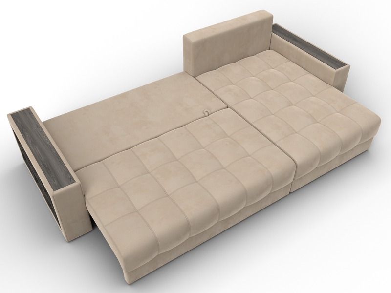 Диван угловой с декором и полкой Лига-050 НПБ, Велюр, SEVEN 729 бежевый