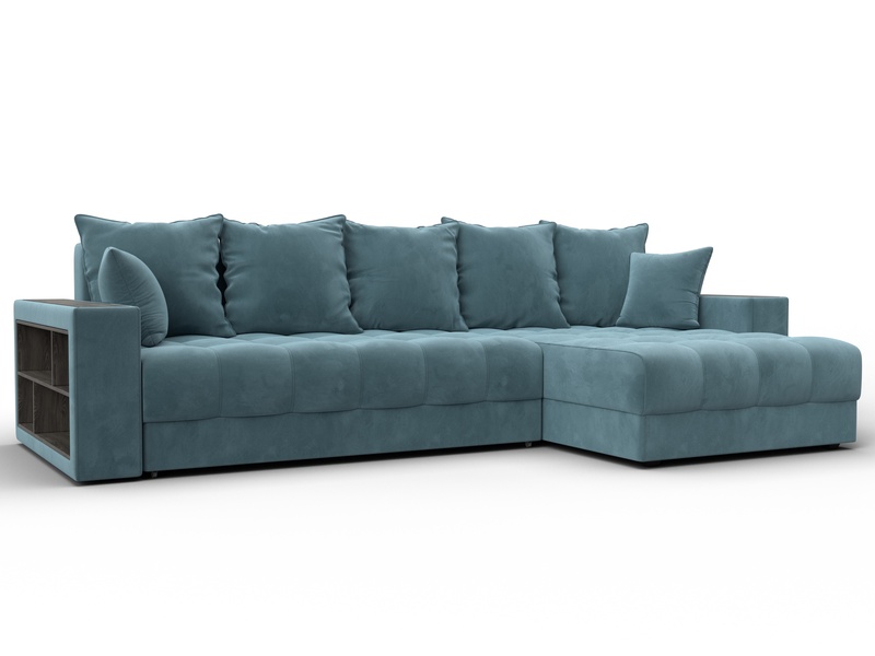 Диван угловой с декором и полкой Лига-050 НПБ, Велюр, SEVEN 113 бирюзовый