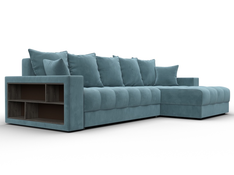 Диван угловой с декором и полкой Лига-050 НПБ, Велюр, SEVEN 113 бирюзовый