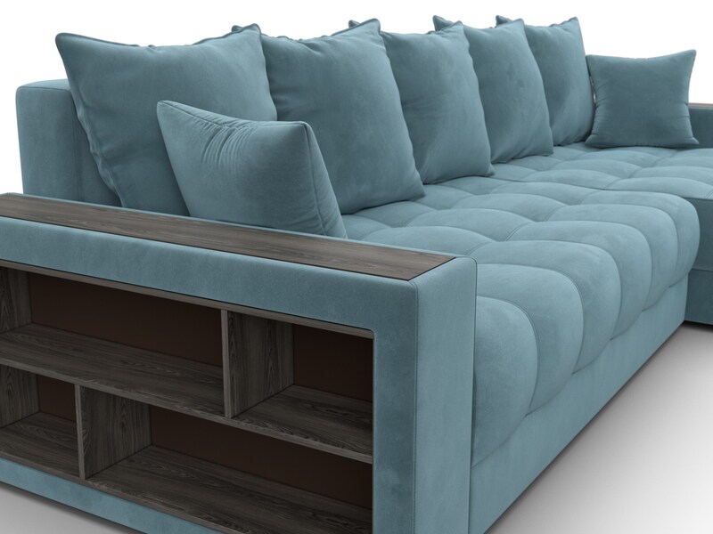 Диван угловой с декором и полкой Лига-050 НПБ, Велюр, SEVEN 113 бирюзовый