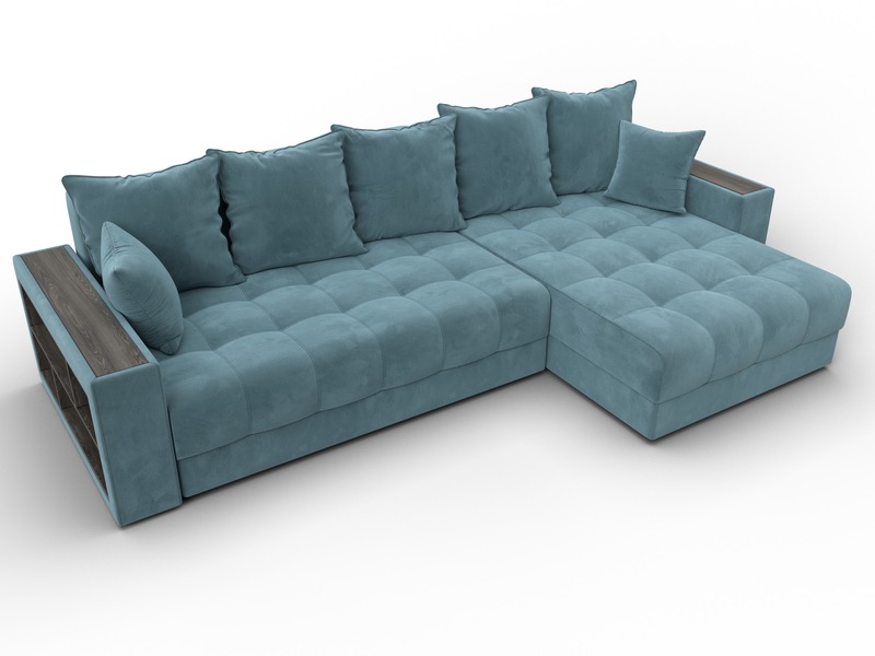 Диван угловой с декором и полкой Лига-050 НПБ, Велюр, SEVEN 113 бирюзовый