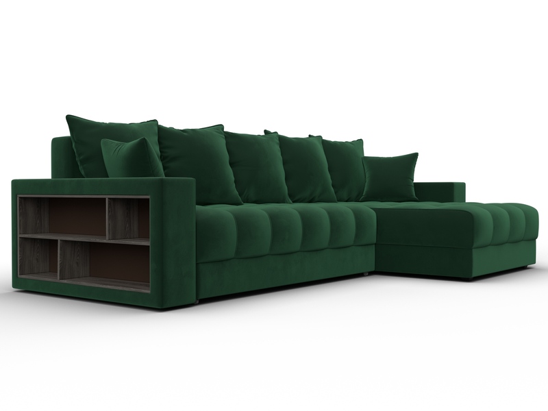 Диван угловой с декором и полкой Лига-050 НПБ, Велюр, SEVEN 626 зеленый