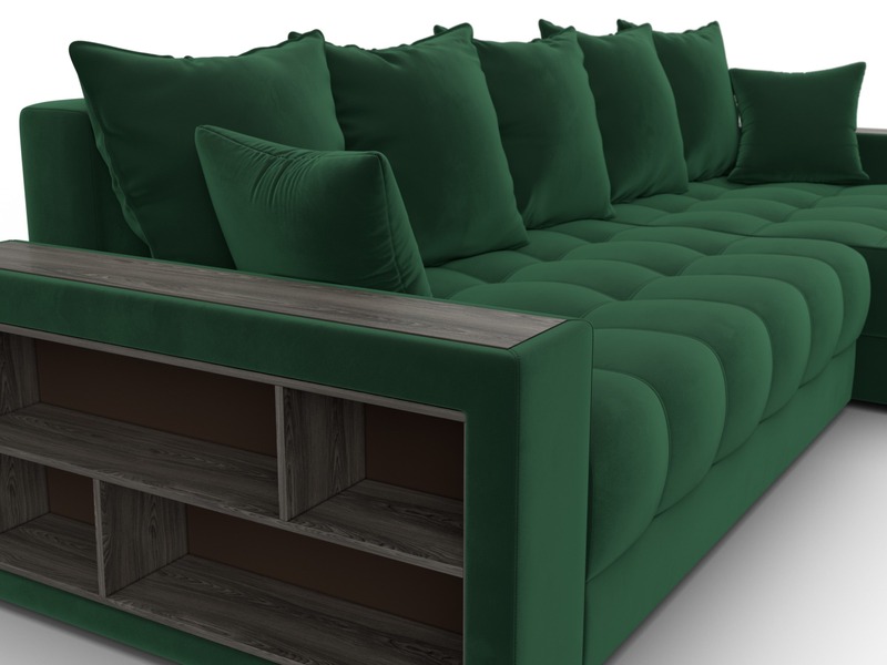 Диван угловой с декором и полкой Лига-050 НПБ, Велюр, SEVEN 626 зеленый