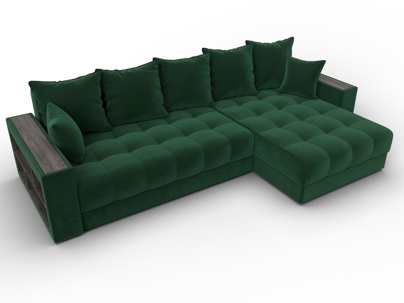 Диван угловой с декором и полкой Лига-050 НПБ, Велюр, SEVEN 626 зеленый