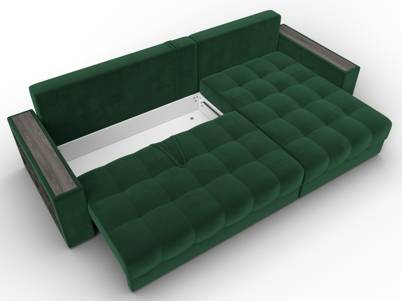 Диван угловой с декором и полкой Лига-050 НПБ, Велюр, SEVEN 626 зеленый