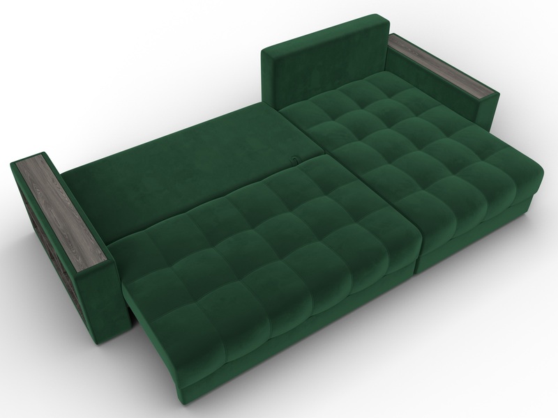 Диван угловой с декором и полкой Лига-050 НПБ, Велюр, SEVEN 626 зеленый