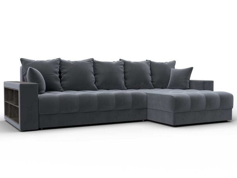 Диван угловой с декором и полкой Лига-050 НПБ, Велюр, SEVEN 17 серый