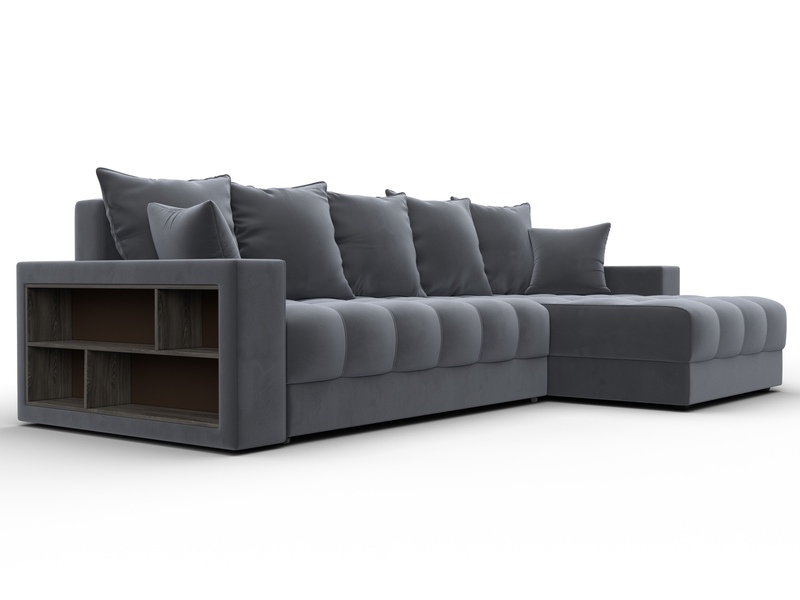 Диван угловой с декором и полкой Лига-050 НПБ, Велюр, SEVEN 17 серый