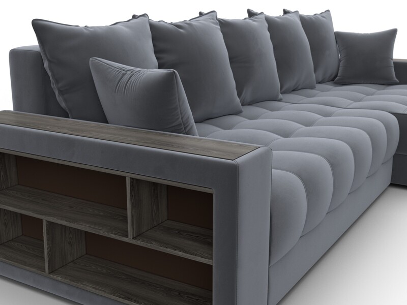 Диван угловой с декором и полкой Лига-050 НПБ, Велюр, SEVEN 17 серый