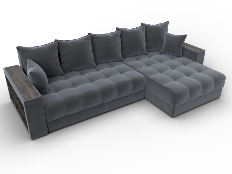 Диван угловой с декором и полкой Лига-050 НПБ, Велюр, SEVEN 17 серый