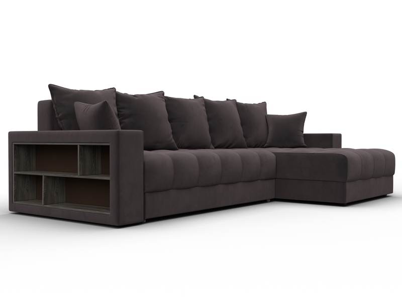 Диван угловой с декором и полкой Лига-050 НПБ, Велюр, SEVEN 727 коричневый