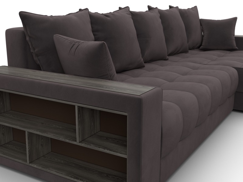 Диван угловой с декором и полкой Лига-050 НПБ, Велюр, SEVEN 727 коричневый