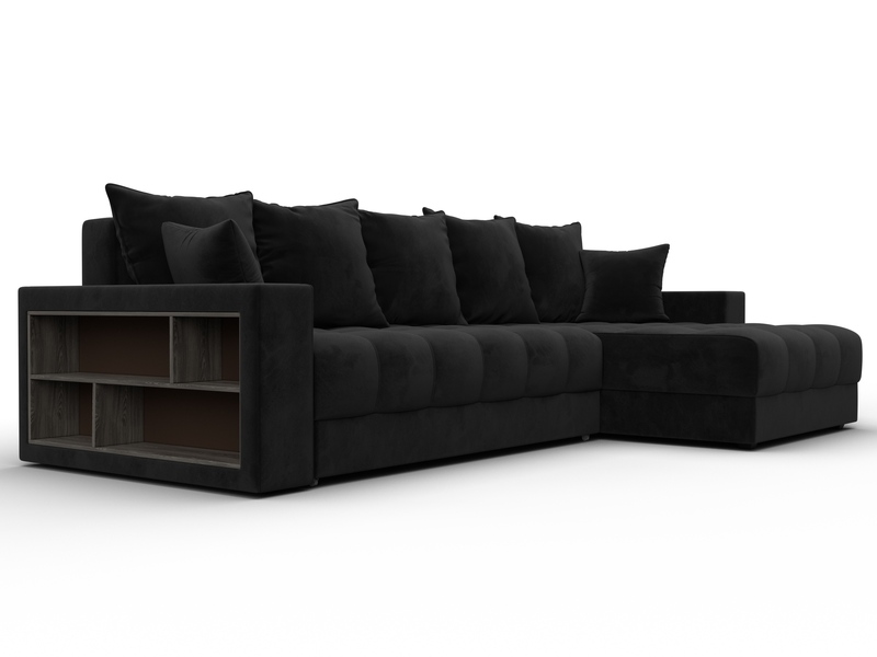 Диван угловой с декором и полкой Лига-050 НПБ, Велюр, SEVEN 35 черный