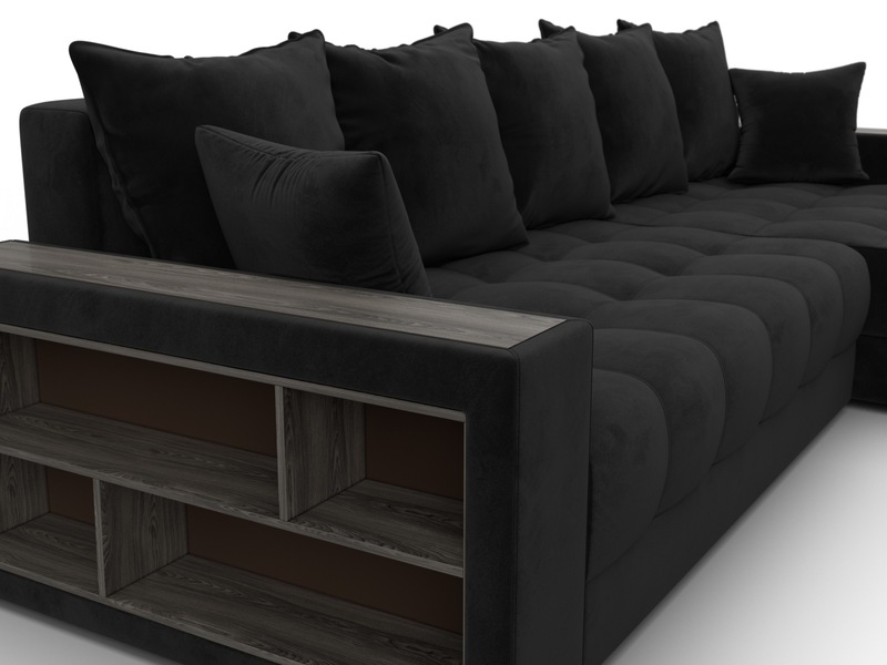 Диван угловой с декором и полкой Лига-050 НПБ, Велюр, SEVEN 35 черный