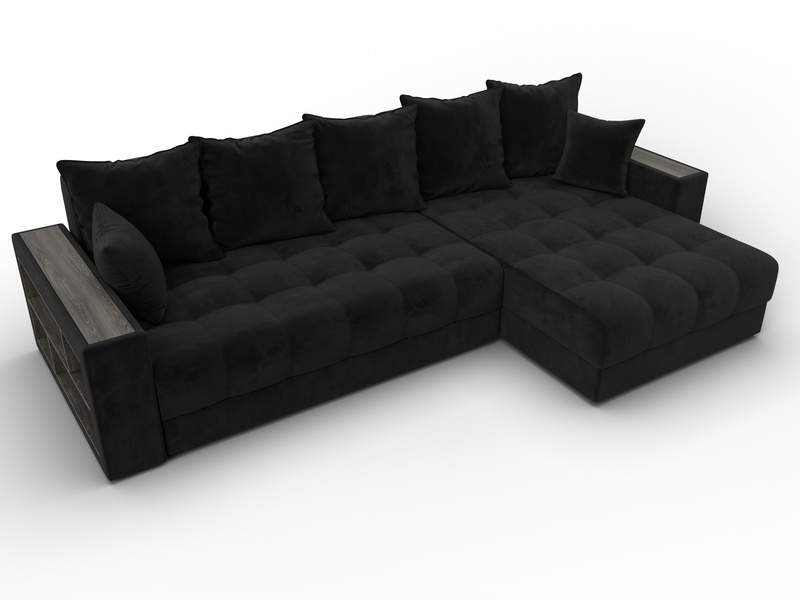 Диван угловой с декором и полкой Лига-050 НПБ, Велюр, SEVEN 35 черный