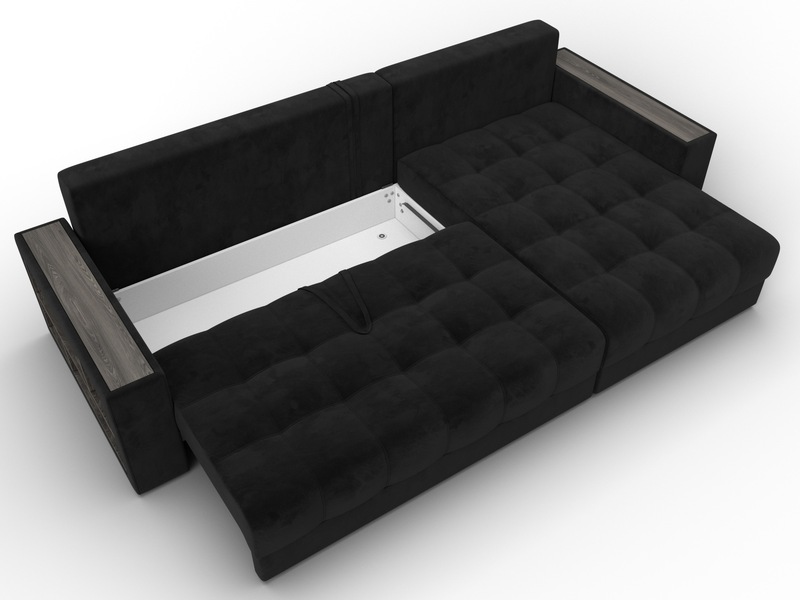 Диван угловой с декором и полкой Лига-050 НПБ, Велюр, SEVEN 35 черный