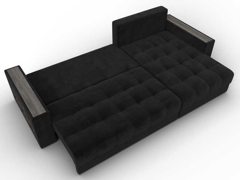 Диван угловой с декором и полкой Лига-050 НПБ, Велюр, SEVEN 35 черный