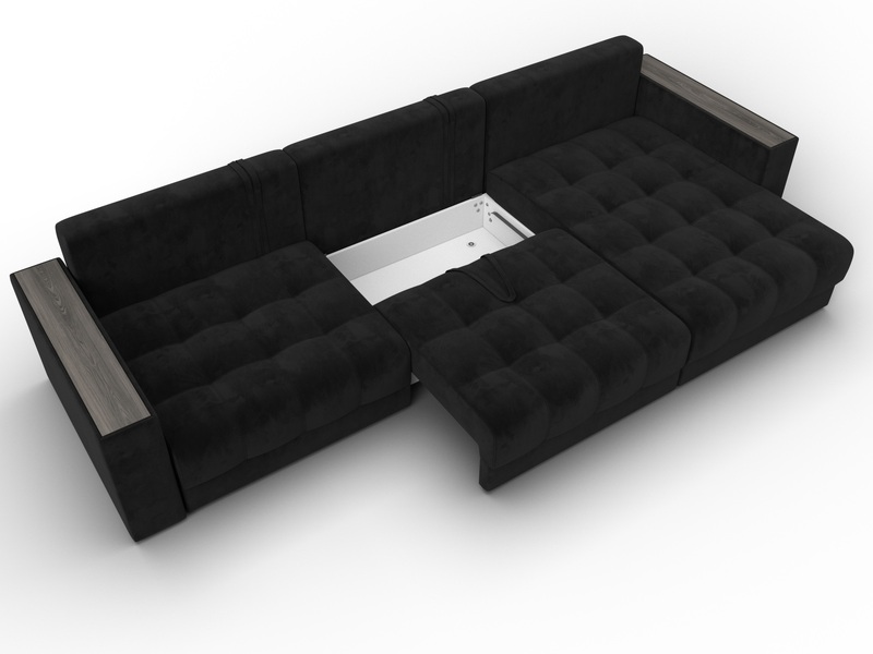 Диван угловой с декором Лига-049 НПБ Лонг, Велюр, SEVEN 35 черный
