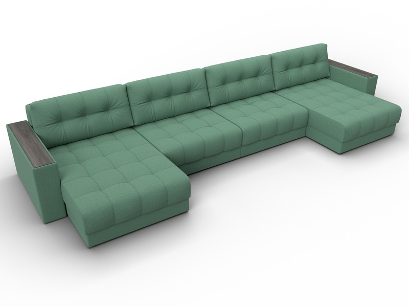 Диван П-образный с декором Лига-049 НПБ Лонг, Рогожка, Амур 11 зеленый