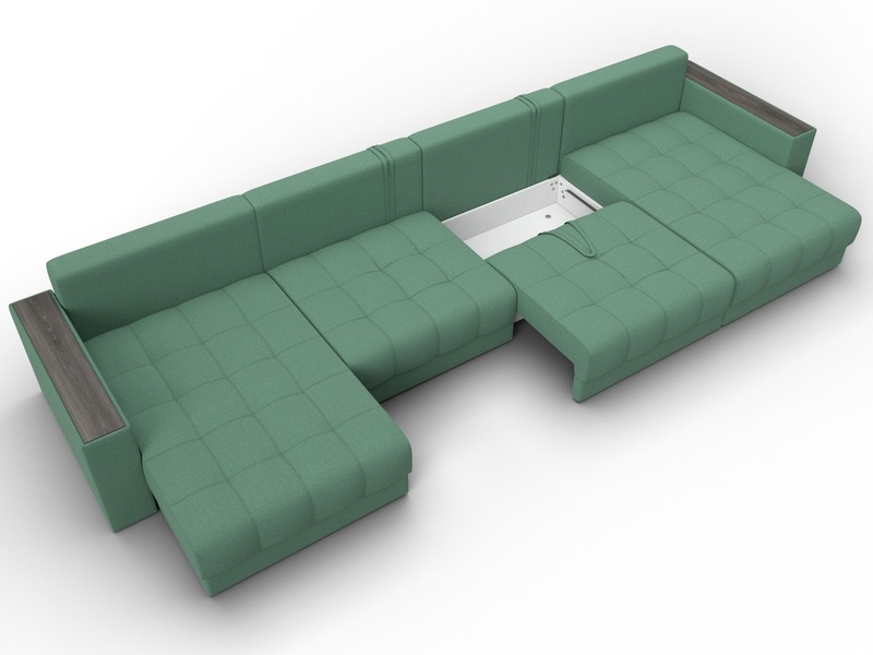 Диван П-образный с декором Лига-049 НПБ Лонг, Рогожка, Амур 11 зеленый