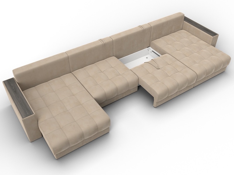 Диван П-образный с декором Лига-049 НПБ Лонг, Велюр, SEVEN 729 бежевый