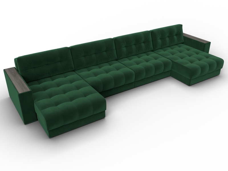 Диван П-образный с декором Лига-049 НПБ Лонг, Велюр, SEVEN 626 зеленый