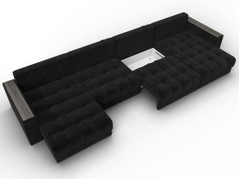 Диван П-образный с декором Лига-049 НПБ Лонг, Велюр, SEVEN 35 черный