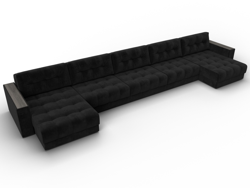 Диван П-образный с декором Лига-049 НПБ Мегалонг, Велюр, SEVEN 35 черный