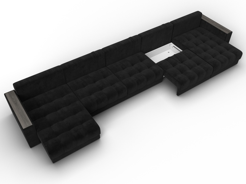 Диван П-образный с декором Лига-049 НПБ Мегалонг, Велюр, SEVEN 35 черный