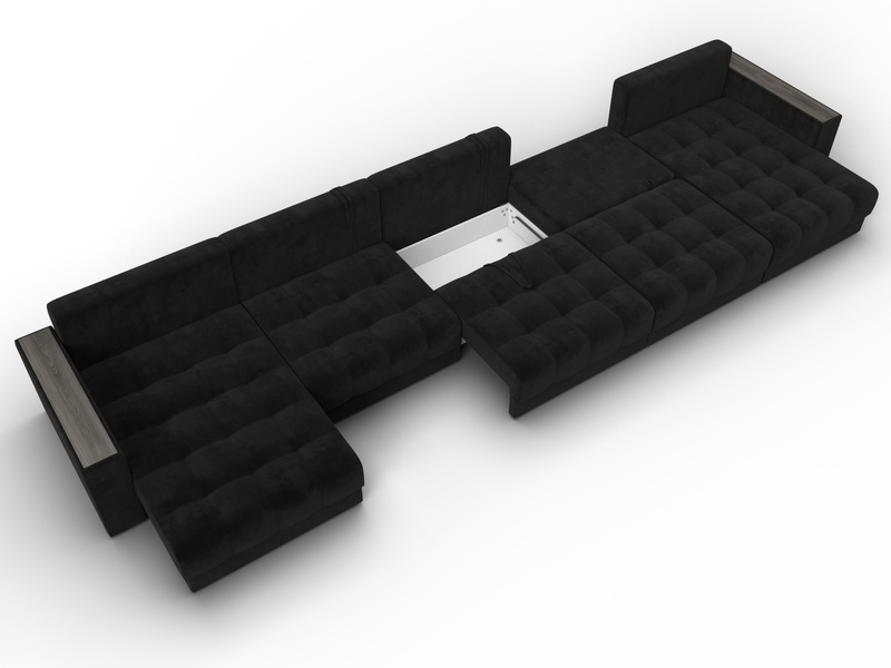 Диван П-образный с декором Лига-049 НПБ Мегалонг, Велюр, SEVEN 35 черный