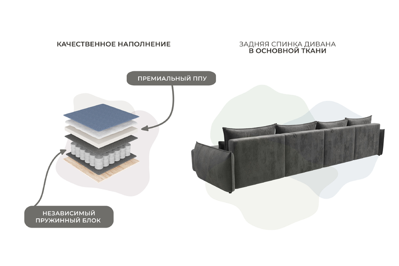 Диван П-образный Лига-051 НПБ Лонг, Велюр, TOWER 10 серый