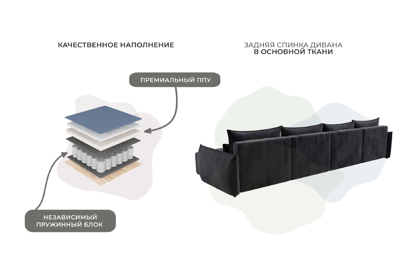 Диван П-образный Лига-051 НПБ Лонг, Велюр, TOWER 11 темно-серый