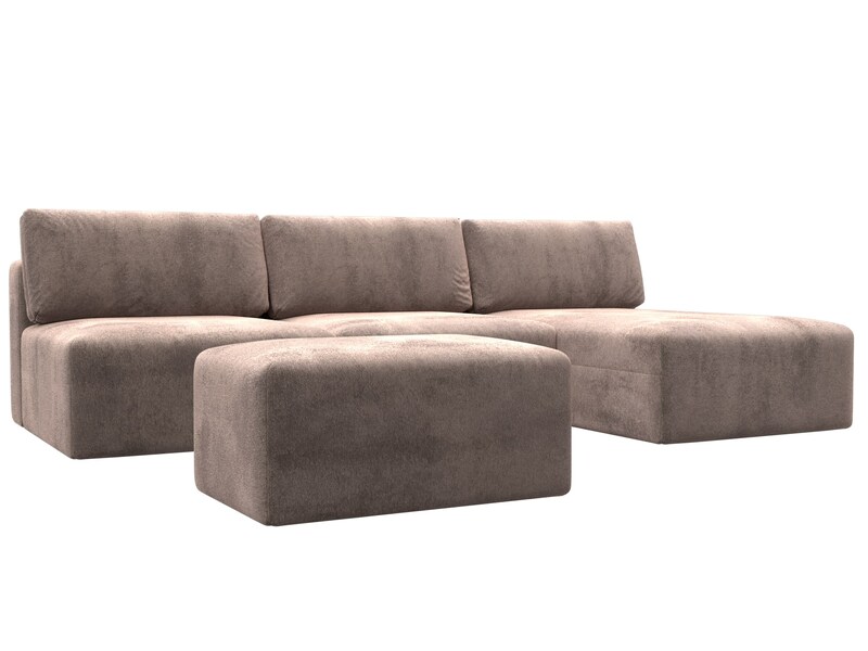 Диван угловой модульный с пуфом Лига-060 НПБ Лонг угол универсальный, Велюр, TOWER 05 бежевый
