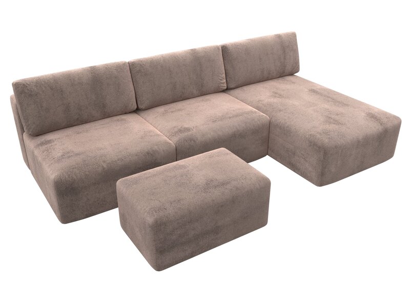 Диван угловой модульный с пуфом Лига-060 НПБ Лонг угол универсальный, Велюр, TOWER 05 бежевый