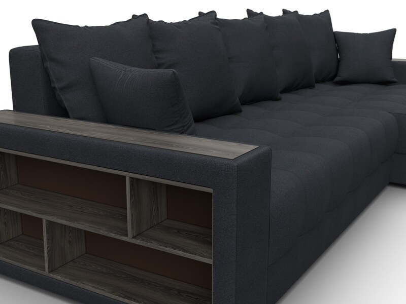 Диван угловой с декором и полкой Лига-050 НПБ, Замша, JOLY 16 темно-серый