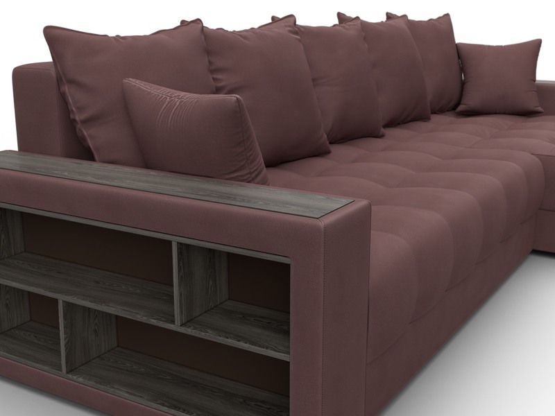 Диван угловой с декором и полкой Лига-050 НПБ, Замша, JOLY 09 бордовый
