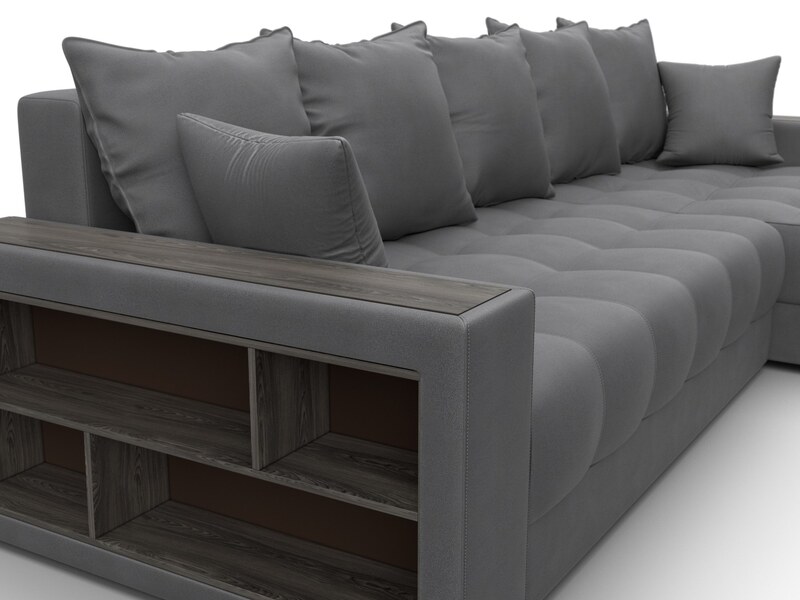 Диван угловой с декором и полкой Лига-050 НПБ, Замша, JOLY 13 серый