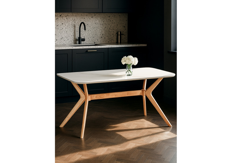 Керамический стол, Unika 180x80 белый спеченный камень / светлое дерево